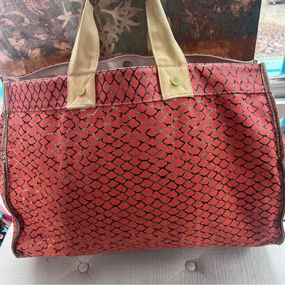 Steve Madden Red Patterned Canvas Tote with Tan Handles - Picture 5 of 11